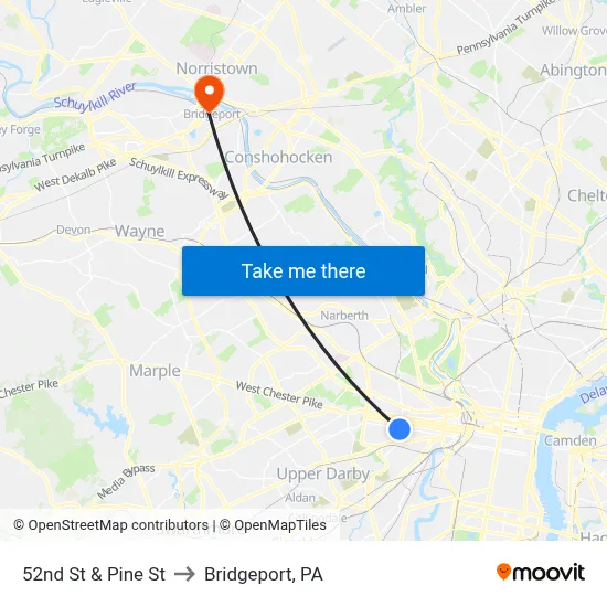 52nd St & Pine St to Bridgeport, PA map