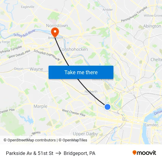 Parkside Av & 51st St to Bridgeport, PA map