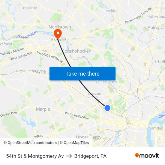 54th St & Montgomery Av to Bridgeport, PA map