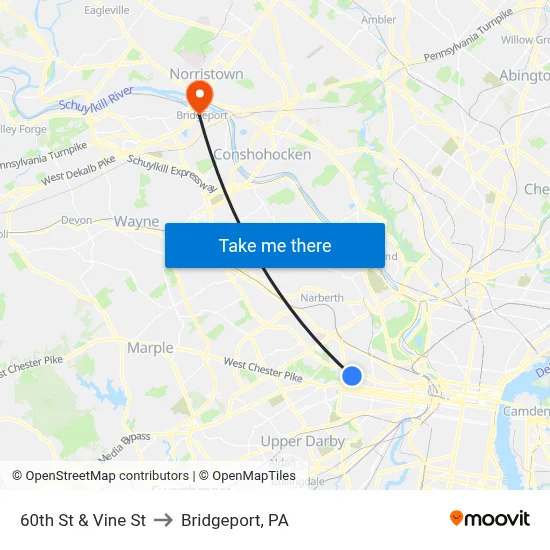 60th St & Vine St to Bridgeport, PA map