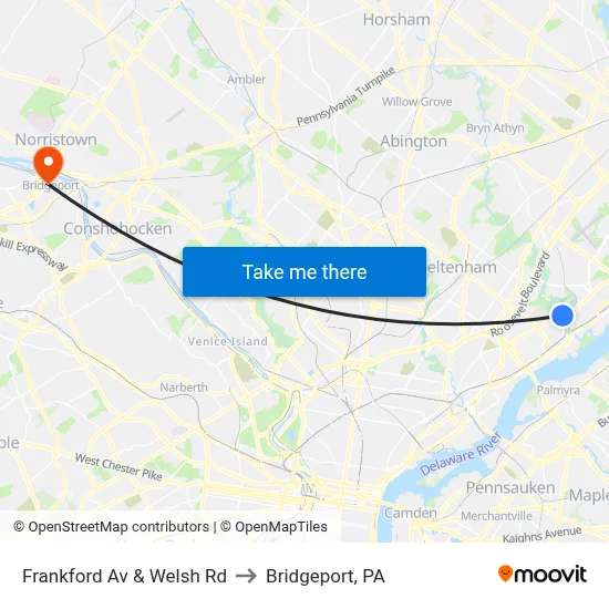 Frankford Av & Welsh Rd to Bridgeport, PA map