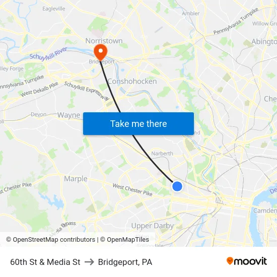 60th St & Media St to Bridgeport, PA map