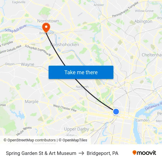 Spring Garden St & Art Museum to Bridgeport, PA map