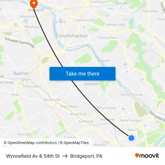Wynnefield Av & 54th St to Bridgeport, PA map