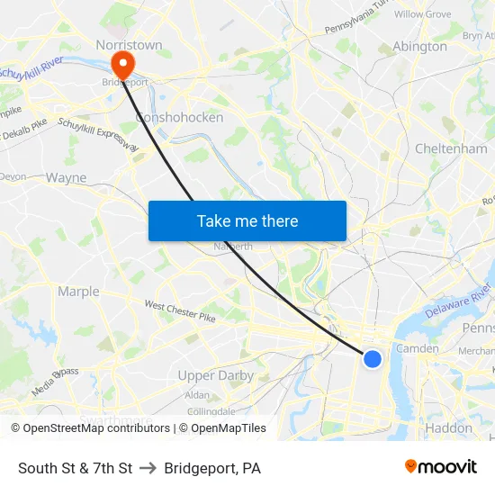South St & 7th St to Bridgeport, PA map
