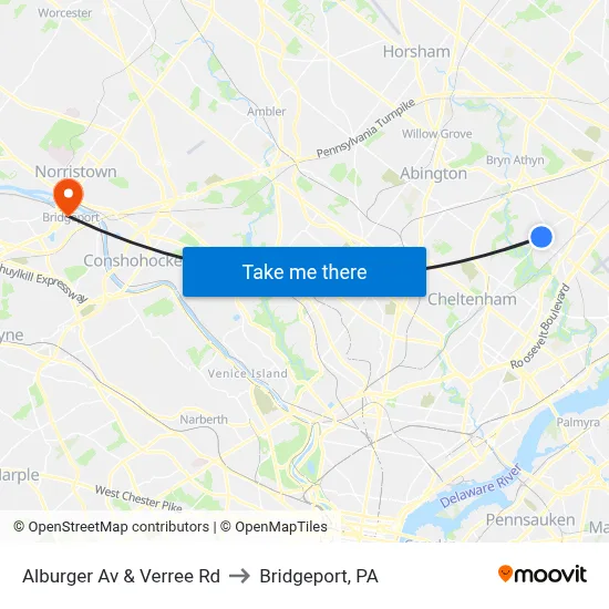 Alburger Av & Verree Rd to Bridgeport, PA map