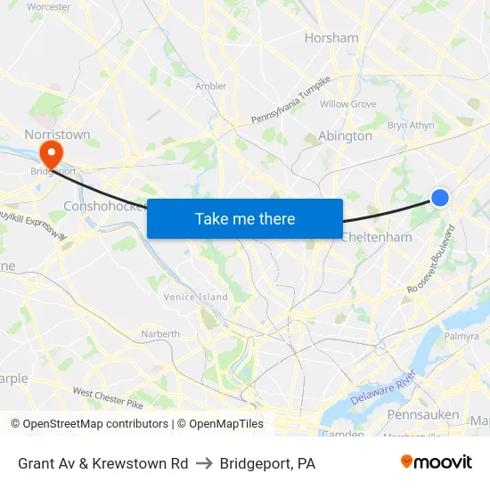 Grant Av & Krewstown Rd to Bridgeport, PA map