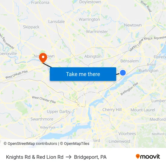 Knights Rd & Red Lion Rd to Bridgeport, PA map