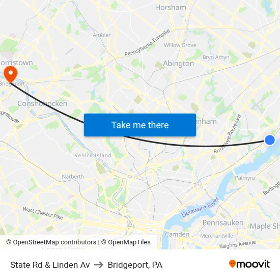 State Rd & Linden Av to Bridgeport, PA map