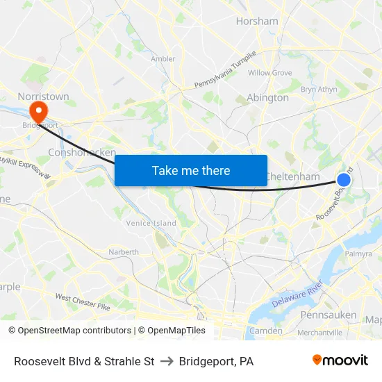 Roosevelt Blvd & Strahle St to Bridgeport, PA map