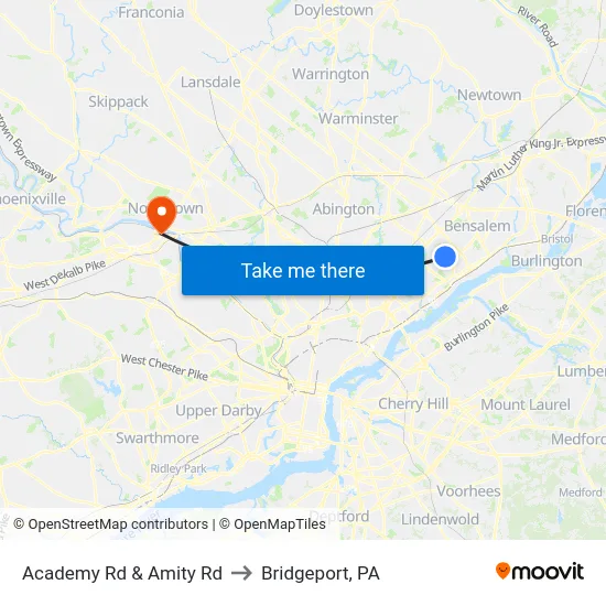 Academy Rd & Amity Rd to Bridgeport, PA map