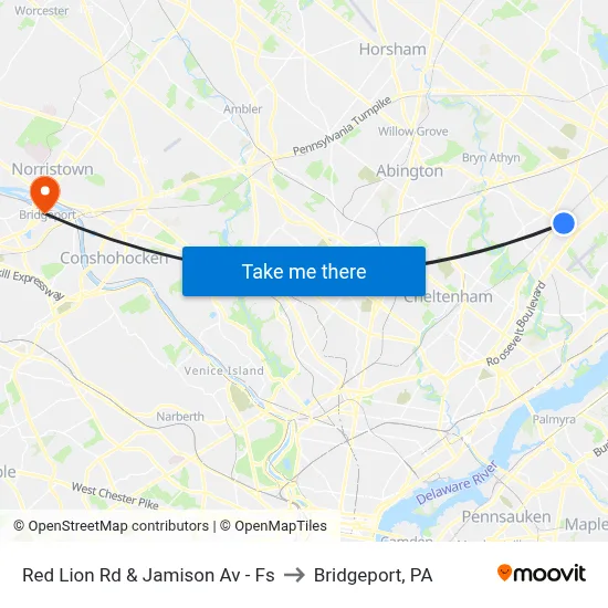Red Lion Rd & Jamison Av - Fs to Bridgeport, PA map