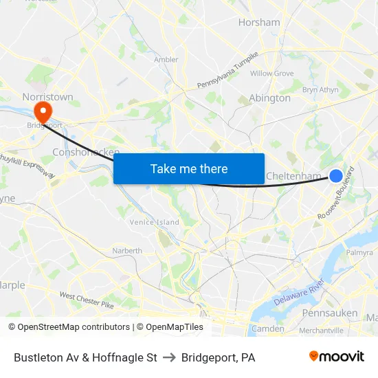 Bustleton Av & Hoffnagle St to Bridgeport, PA map