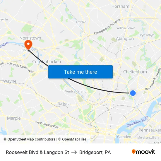 Roosevelt Blvd & Langdon St to Bridgeport, PA map