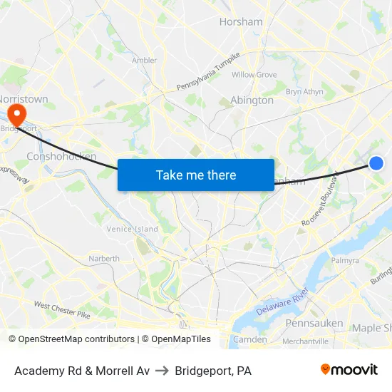 Academy Rd & Morrell Av to Bridgeport, PA map
