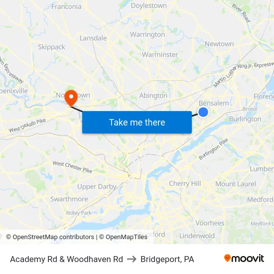 Academy Rd & Woodhaven Rd to Bridgeport, PA map