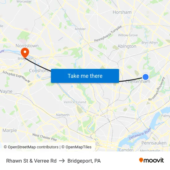Rhawn St & Verree Rd to Bridgeport, PA map