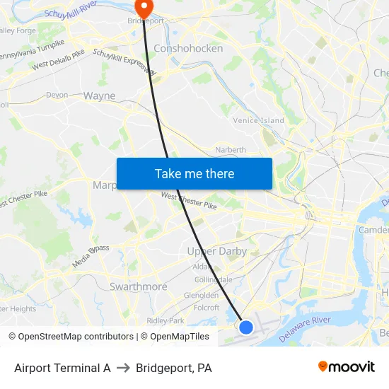 Airport Terminal A to Bridgeport, PA map