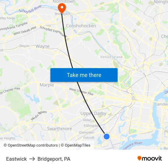Eastwick to Bridgeport, PA map