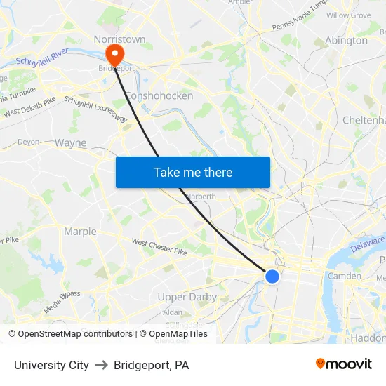 University City to Bridgeport, PA map