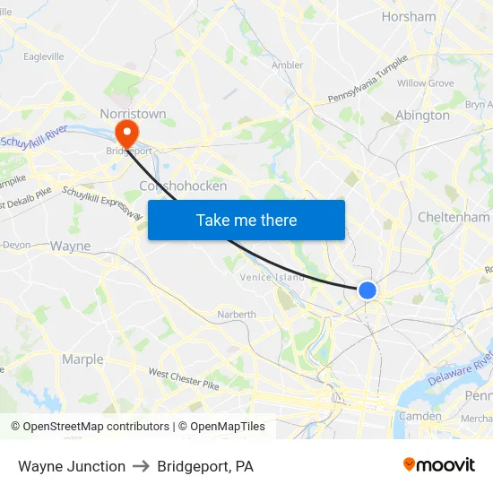 Wayne Junction to Bridgeport, PA map