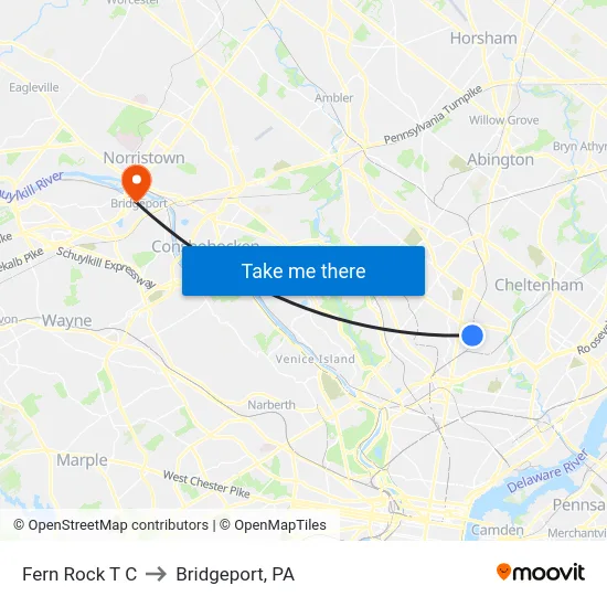 Fern Rock T C to Bridgeport, PA map