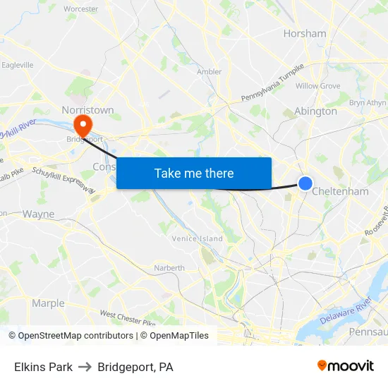 Elkins Park to Bridgeport, PA map