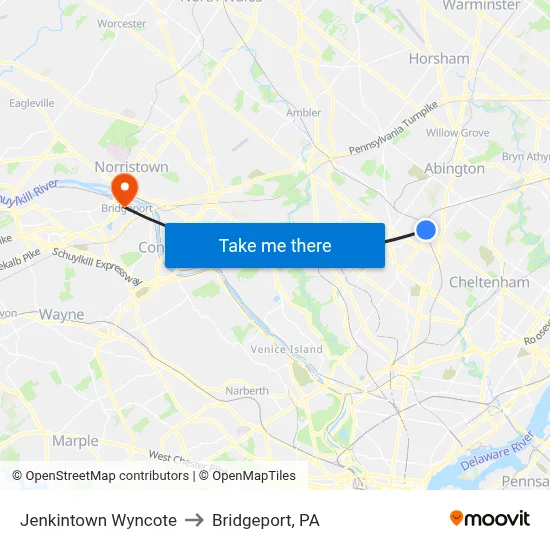Jenkintown Wyncote to Bridgeport, PA map