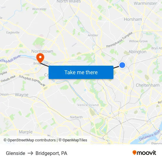 Glenside to Bridgeport, PA map