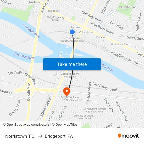Norristown T.C. to Bridgeport, PA map