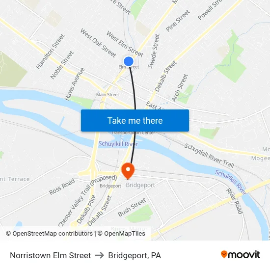 Norristown Elm Street to Bridgeport, PA map