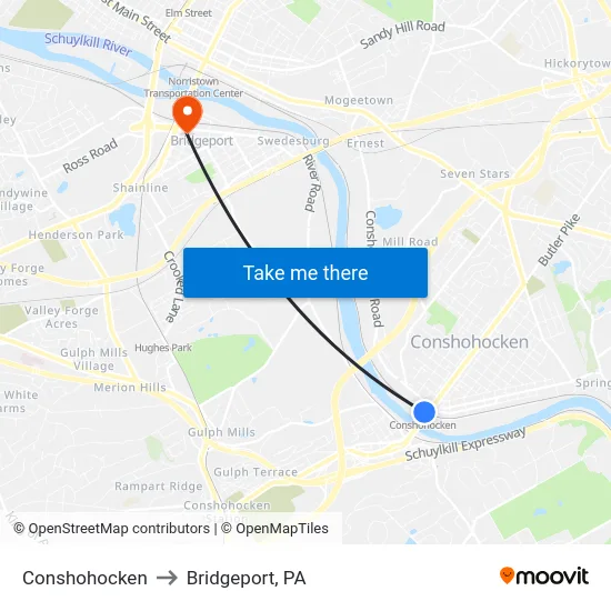 Conshohocken to Bridgeport, PA map