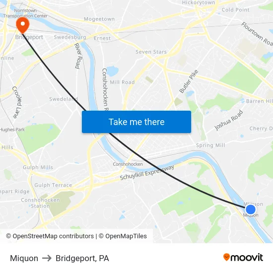 Miquon to Bridgeport, PA map