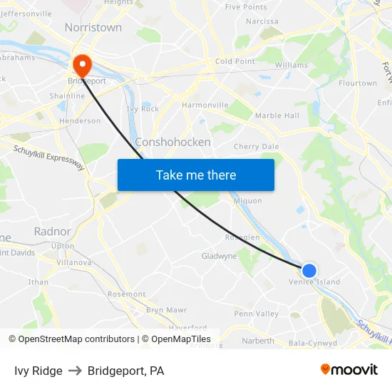 Ivy Ridge to Bridgeport, PA map