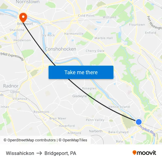 Wissahickon to Bridgeport, PA map