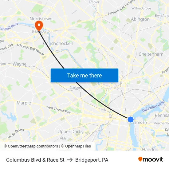 Columbus Blvd & Race St to Bridgeport, PA map