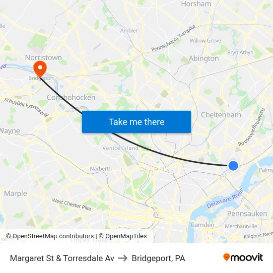 Margaret St & Torresdale Av to Bridgeport, PA map