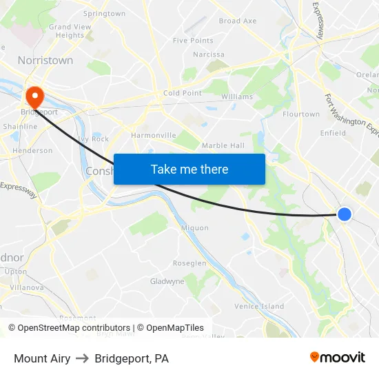 Mount Airy to Bridgeport, PA map