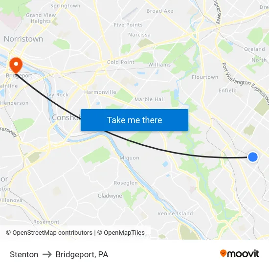 Stenton to Bridgeport, PA map