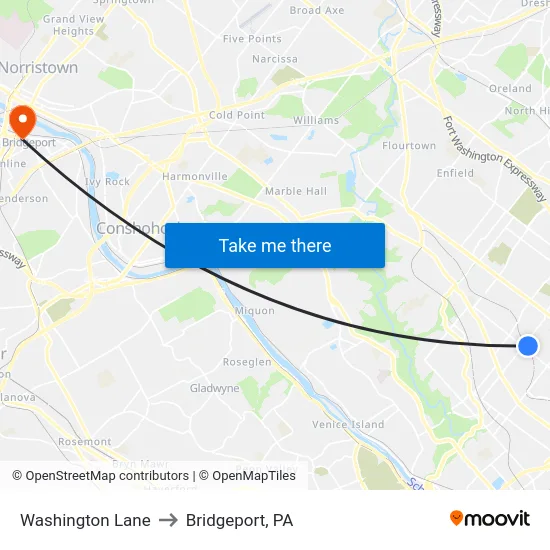 Washington Lane to Bridgeport, PA map
