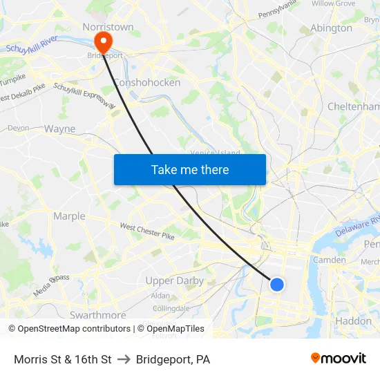 Morris St & 16th St to Bridgeport, PA map