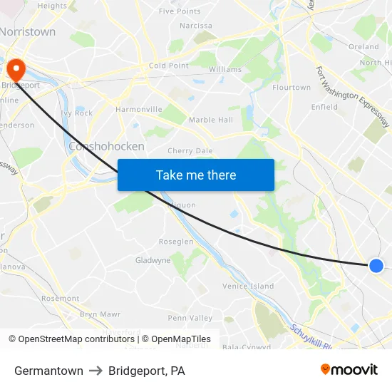 Germantown to Bridgeport, PA map