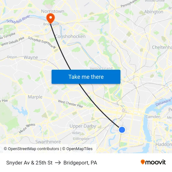 Snyder Av & 25th St to Bridgeport, PA map