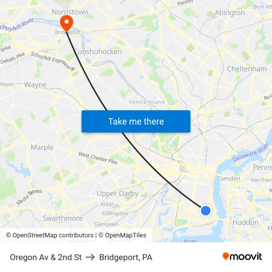 Oregon Av & 2nd St to Bridgeport, PA map