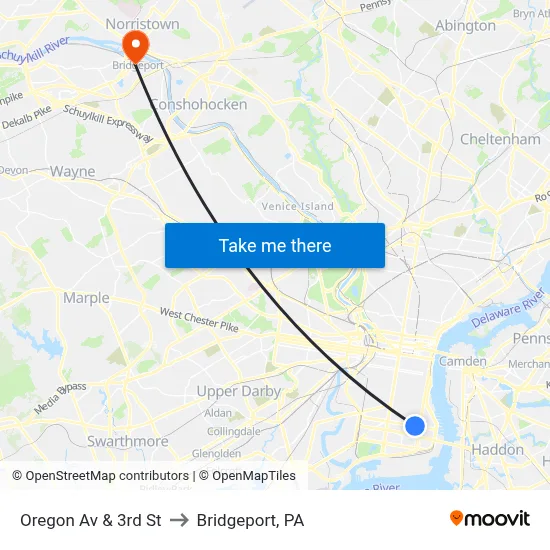 Oregon Av & 3rd St to Bridgeport, PA map