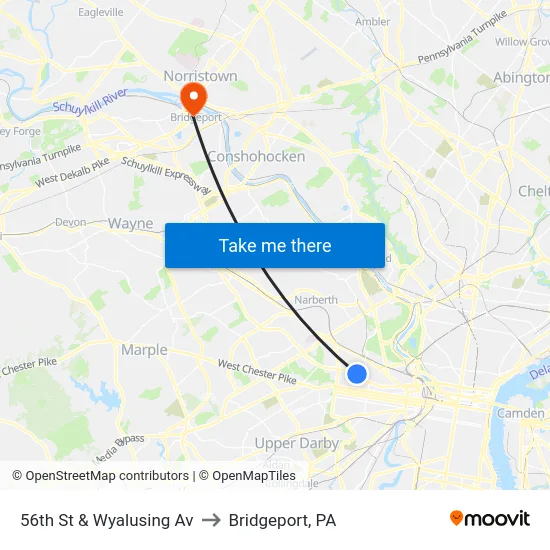 56th St & Wyalusing Av to Bridgeport, PA map