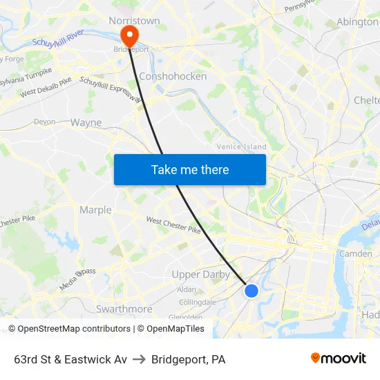 63rd St & Eastwick Av to Bridgeport, PA map