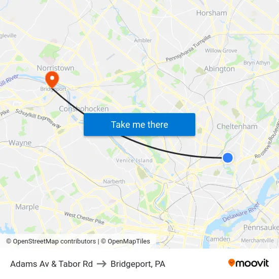 Adams Av & Tabor Rd to Bridgeport, PA map