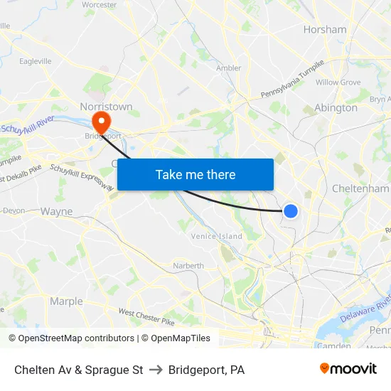 Chelten Av & Sprague St to Bridgeport, PA map