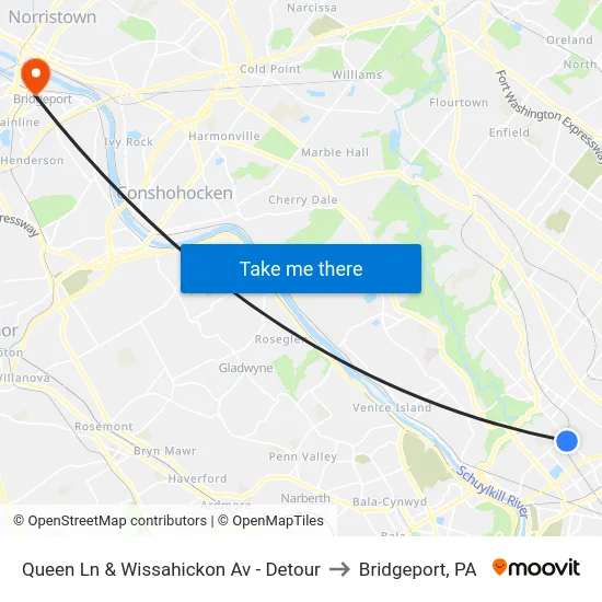 Queen Ln & Wissahickon Av - Detour to Bridgeport, PA map